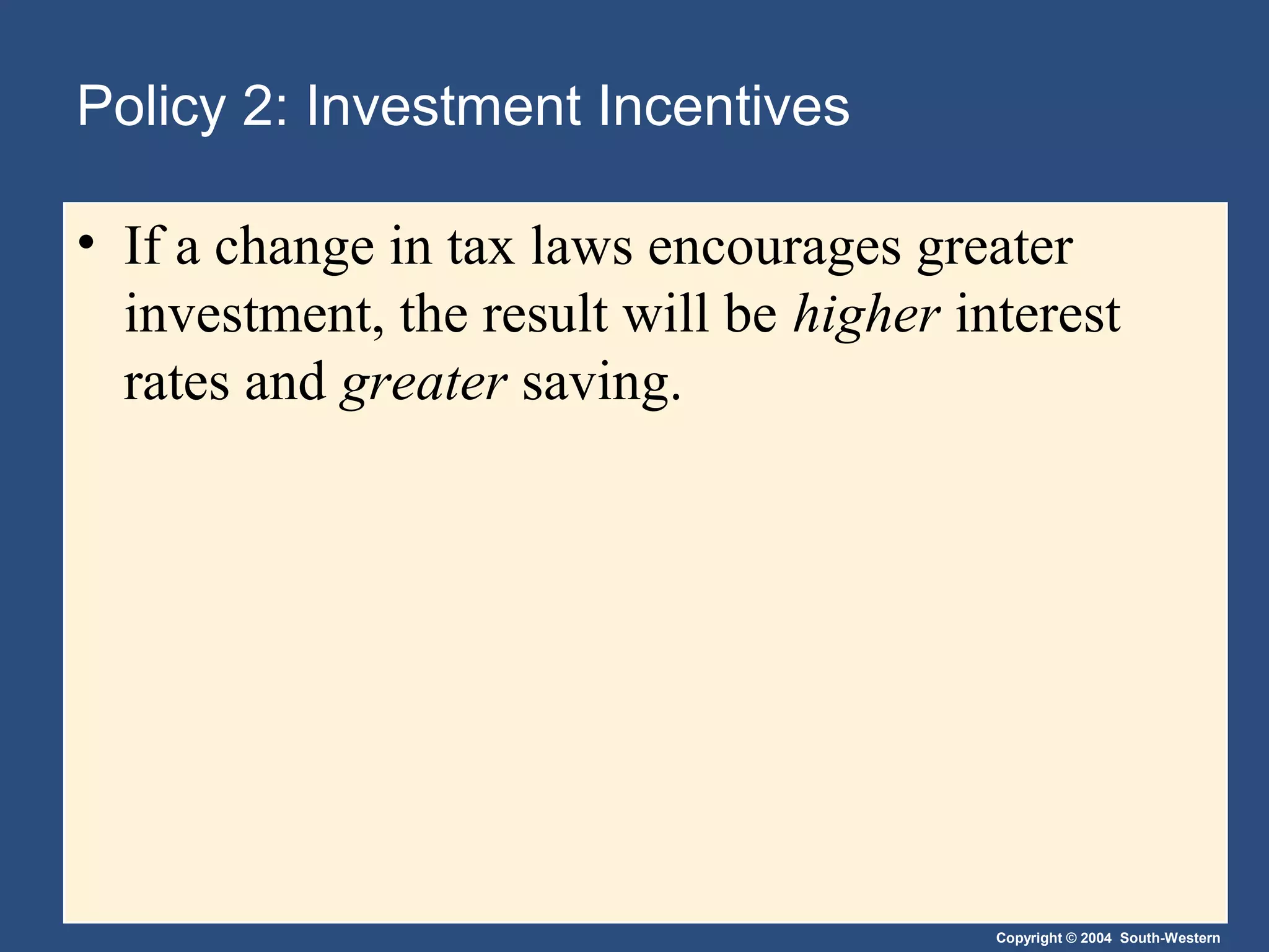 Policy 2: Investment Incentives
• If a change in tax laws encourages greater
investment, the result will be higher interest
rates and greater saving.

Copyright © 2004 South-Western

 