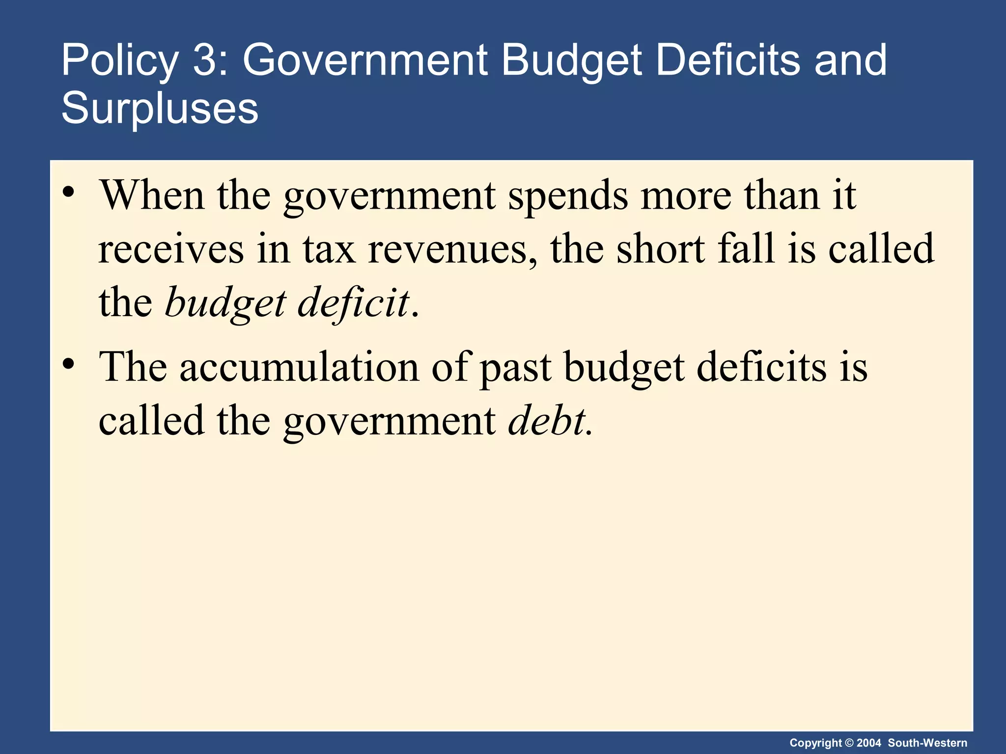 Policy 3: Government Budget Deficits and
Surpluses
• When the government spends more than it
receives in tax revenues, the short fall is called
the budget deficit.
• The accumulation of past budget deficits is
called the government debt.

Copyright © 2004 South-Western

 