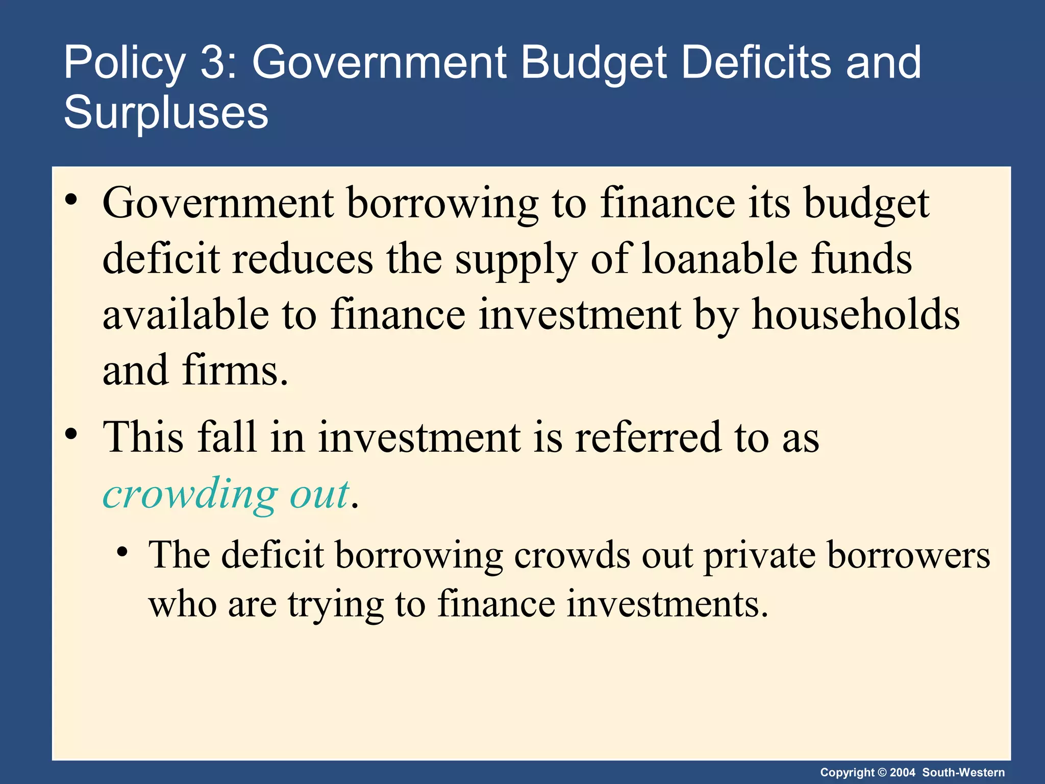 Policy 3: Government Budget Deficits and
Surpluses
• Government borrowing to finance its budget
deficit reduces the supply of loanable funds
available to finance investment by households
and firms.
• This fall in investment is referred to as
crowding out.
• The deficit borrowing crowds out private borrowers
who are trying to finance investments.

Copyright © 2004 South-Western

 