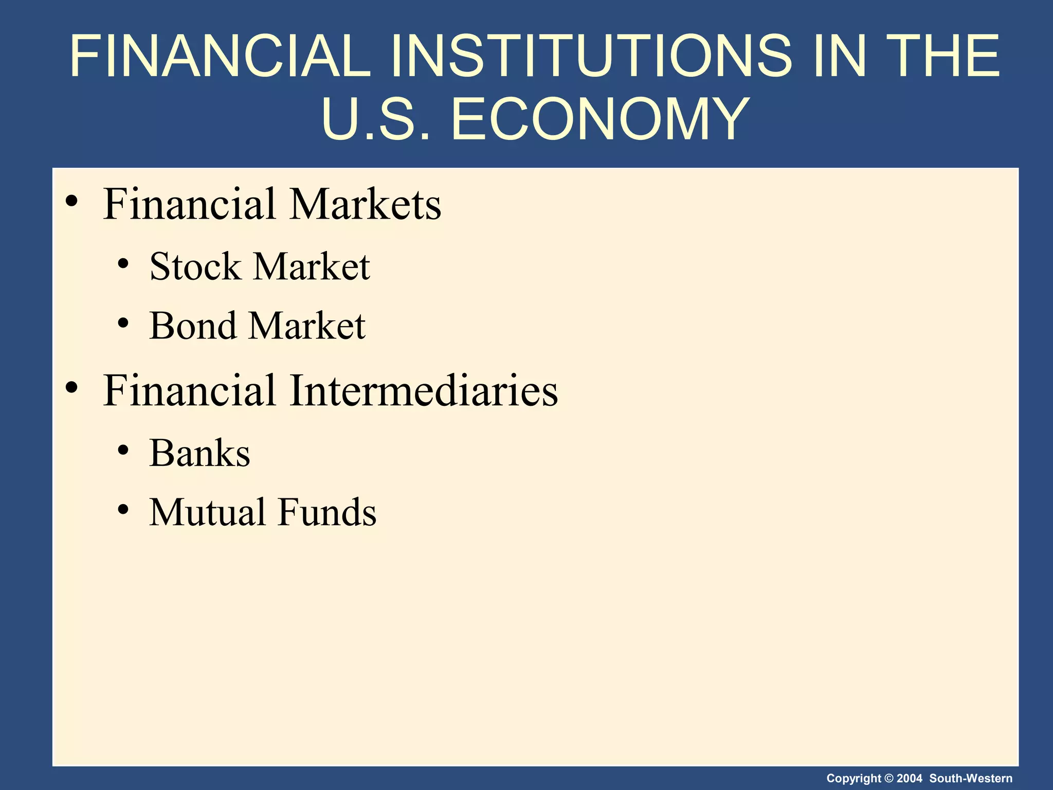 FINANCIAL INSTITUTIONS IN THE
U.S. ECONOMY
• Financial Markets
• Stock Market
• Bond Market

• Financial Intermediaries
• Banks
• Mutual Funds

Copyright © 2004 South-Western

 