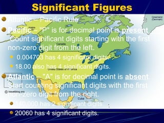 Significant Figures Atlantic – Pacific Rule Pacific  – "P" is for decimal point is  present  Count significant digits starting with the first non-zero digit from the left. 0.004703 has 4 significant digits. 18.00 also has 4 significant digits. Atlantic  – "A" is for decimal point is  absent . Start counting significant digits with the first non-zero digit from the right. 140,000 has 2 significant digits. 20060 has 4 significant digits. 