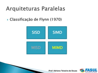    Classificação de Flynn (1970)


                SISD         SIMD



                MISD        MIMD




                         Prof. Adriano Teixeira de Souza
 