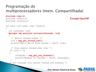 #include <omp.h>
#include <stdio.h>                                          Exemplo OpenMP
#include <stdlib.h>

int main (int argc, char *argv[])
{
  int nthreads, tid;
  #pragma omp parallel private(nthreads, tid)
  {
    /* Obtain thread number */
    tid = omp_get_thread_num();
    printf("Hello World from thread = %dn", tid);

      /* Only master thread does this */
    if (tid == 0)
    {
          nthreads = omp_get_num_threads();
          printf("Number of threads = %dn", nthreads);
      }
}   /* All threads join master thread and disband */


                                    Prof. Adriano Teixeira de Souza
 