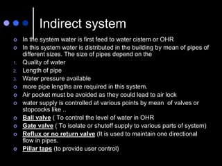 Indirect system
 In the system water is first feed to water cistern or OHR
 In this system water is distributed in the building by mean of pipes of
different sizes. The size of pipes depend on the
1. Quality of water
2. Length of pipe
3. Water pressure available
 more pipe lengths are required in this system.
 Air pocket must be avoided as they could lead to air lock
 water supply is controlled at various points by mean of valves or
stopcocks like ..
 Ball valve ( To control the level of water in OHR
 Gate valve ( To isolate or shutoff supply to various parts of system)
 Reflux or no return valve (It is used to maintain one directional
flow in pipes.
 Pillar taps (to provide user control)
 