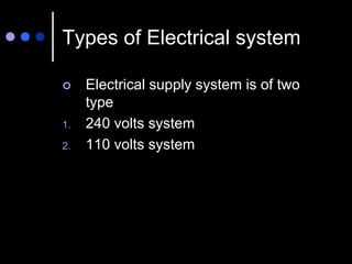 Types of Electrical system
 Electrical supply system is of two
type
1. 240 volts system
2. 110 volts system
 