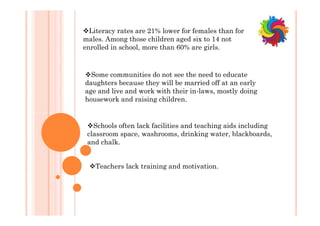 Literacy rates are 21% lower for females than for
males. Among those children aged six to 14 not
enrolled in school, more than 60% are girls.
Some communities do not see the need to educate
daughters because they will be married off at an early
age and live and work with their in-laws, mostly doing
housework and raising children.
Schools often lack facilities and teaching aids including
classroom space, washrooms, drinking water, blackboards,
and chalk.
Teachers lack training and motivation.
 