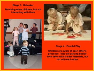 Stage 3: Onlooker
Watching other children, but not
interacting with them
Stage 4: Parallel Play
Children are aware of each other’s
presence; they are playing beside
each other with similar materials, but
not with each other
 