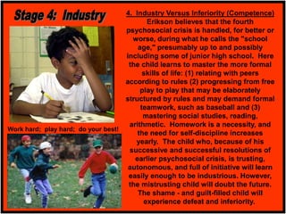 4. Industry Versus Inferiority (Competence)
Erikson believes that the fourth
psychosocial crisis is handled, for better or
worse, during what he calls the "school
age," presumably up to and possibly
including some of junior high school. Here
the child learns to master the more formal
skills of life: (1) relating with peers
according to rules (2) progressing from free
play to play that may be elaborately
structured by rules and may demand formal
teamwork, such as baseball and (3)
mastering social studies, reading,
arithmetic. Homework is a necessity, and
the need for self-discipline increases
yearly. The child who, because of his
successive and successful resolutions of
earlier psychosocial crisis, is trusting,
autonomous, and full of initiative will learn
easily enough to be industrious. However,
the mistrusting child will doubt the future.
The shame - and guilt-filled child will
experience defeat and inferiority.
Work hard; play hard; do your best!
 