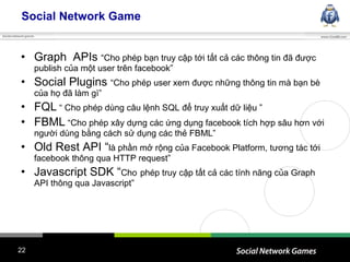 Social Network Game Graph  APIs  “Cho phép bạn truy cập tới tất cả các thông tin đã được publish của một user trên facebook” Social Plugins  “Cho phép user xem được những thông tin mà bạn bè của họ đã làm gì” FQL  “ Cho phép dùng câu lệnh SQL để truy xuất dữ liệu ” FBML  “Cho phép xây dựng các ứng dụng facebook tích hợp sâu hơn với người dùng bằng cách sử dụng các thẻ FBML” Old Rest API “ là phần mở rộng của Facebook Platform, tương tác tới facebook thông qua HTTP request” Javascript SDK “ Cho   phép truy cập tất cả các tính năng của Graph API thông qua Javascript” 