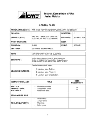 Institut Kemahiran MARA
                                      Jasin, Melaka


                               LESSON PLAN

PROGRAMME/CLASS :    A14 - SIJIL TEKNOLOGI BAIKPULIH BADAN KENDERAAN
SESSION :                                                 SEMESTER :     2
                     TAB 2042 / BASIC AUTOMOTIVE
CODE/COURSE :                                             SHEET NO :     A14/M01/LP03
                     ELECTRICAL AND ELECTRONIC
NO OF STUDENTS :                                          WEEK :
DURATION:            3 JAM                                VENUE :        STB-B-B1
LECTURER :           MD HAFIZI BIN MOHAMAD


TOPIC :              M01 BASIC AUTOMOTIVE ELECTRIC

                     01.01 DIRECT ELECTRICAL COMPONENT
SUB-TOPIC :
                     01.02 ELECTRONIC CONTROL COMPONENT

                     Pelajar-pelajar mesti boleh:

                          1. Lakukan ujian ’Pull-in’.
LEARNING OUTCOME :
                          2. Lakukan ujian ’Hold-in’.
                          3. Lakukan ujian tanpa beban.


                                                                          CODE
INSTRUCTIONAL AIDS                           TITLE
                                                                       NO/QUANTITY

WRITTEN                      Information Sheet
                                                                             26
INSTRUCTIONAL                Assignment Sheet
                                                                             26
MATERIALS                    Referance Book

AUDIO VISUAL AIDS
                             Starter Motor
                             Jumper Cable
TOOLS/EQUIPMENTS             Meja kerja
                             Bateri kereta




                                         1
 
