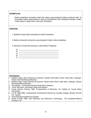 KESIMPULAN

       Sistem penghidup merupakan salah satu sistem yang terdapat di dalam sesebuah enjin. Ia
       merupakan sistem yang penting di mana ia membolehkan enjin dihidupkan dengan mudah.
       Tanpa sistem ini agak sukar untuk enjin dihidupkan.



EXERCISE


    1. Nyatakan fungsi sistem penghidup di dalam kenderaan.


    2. Berikan komponen-komponen yang terdapat di dalam sistem penghidup.


    3. Namakan 5 komponen-komponen utama Motor Penghidup.

         a)   ____________________________________________
         b)   ____________________________________________
         c)   ____________________________________________
         d)   ____________________________________________
         e)   ____________________________________________




 REFERENCE
1. Akademi Saga, Basic Electrical & electronic System Information Sheet, Shah Alam, Selangor:
   Edaran Otomobil Nasional Berhad.
2. Akademi Saga, Basic Electrical & electronic System Work Sheet, Shah Alam, Selangor: Edaran
   Otomobil Nasional Berhad.
3. Tom Denton, Automobile Electrical & Electronic Systems
4. DTAF IKM Jasin, Information Sheet Auto-Electric
5. Toyota Service Training 1989, Fundamentals of Electricity, Vol 14(Step 2), Toyota Motor
   Corporation.
6. V.A.W. Hillier1986, Fundamentals of Automotive Electronics, Croydon College: Stanley Thornes
   Ltd. System
7. Automotif Electrical/electronic System
8. James E.Duffy 1998, Auto Electricity and Electronics Technology : The Goodheart-Willcox
   Company, Inc




                                              15
 