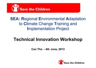 Presentation OutlinePresentation Outline
SEA: Regional Environmental Adaptation
to Climate Change Training and
Implementation Project
Technical Innovation Workshop
Can Tho - 4th June, 2013
 