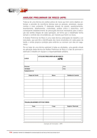 ANÁLISE PRELIMINAR DE RISCO (APR)
                       Trata-se de uma técnica de análise prévia de riscos que tem como objetivo an-
                       tecipar a previsão da ocorrência danosa para as pessoas, processos, equipa-
                       mentos e meio ambiente. É elaborada através do estudo, questionamento,
                       levantamento, detalhamento, criatividade, análise crítica e autocrítica, com
                       conseqüente estabelecimento de precauções técnicas necessárias para a execu-
                       ção das tarefas (etapas de cada operação), de forma que o trabalhador tenha
                       sempre o controle das circunstâncias, por maiores que forem os riscos.
                       A Análise Preliminar de Risco é uma visão técnica antecipada do trabalho a ser
                       executado, que permite a identificação dos riscos envolvidos em cada passo da
                       tarefa, e ainda propicia condição para evitá-los ou conviver com eles em segu-
                       rança.
                       Por se tratar de uma técnica aplicável à todas as atividades, uma grande virtude
                       da aplicação desta técnica de Análise Preliminar de Risco é o fato de promover e
                       estimular o trabalho em equipe e a responsabilidade solidária.




                                                         Exemplo de Formulário - APR




114 - COMISSÃO TRIPARTITE PERMANENTE DE NEGOCIAÇÃO DO SETOR ELETRICO NO ESTADO DE SP
 