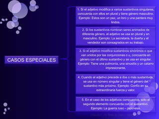 1. Si el adjetivo modifica a varios sustantivos singulares,
                   concuerda con ellos en plural y tiene género masculino.
                    Ejemplo: Estos son un pez, un loro y una pantera muy
                                              lindos.

                      2. Si los sustantivos nombran seres animados de
                      diferente género, el adjetivo se usa en plural y en
                       masculino. Ejemplo: La secretaria, la dueña y el
                          vendedor son consagrados en su trabajo.

                    3. Si el adjetivo modifica sustantivos sinónimos o que
                     van unidos por las conjunciones o u, concuerda en
CASOS ESPECIALES    género con el último sustantivo y se usa en singular.
                   Ejemplo: Tiene una pulmonía, una sinusitis y un catarro
                                        impresionante.


                   4. Cuando el adjetivo precede a dos o más sustantivos,
                       se usa en número singular y tiene el género del
                       sustantivo más próximo. Ejemplo: Confío en su
                                extraordinaria fuerza y valor.


                      5. En el caso de los adjetivos compuestos, sólo el
                       segundo elemento concuerda con el sustantivo.
                             Ejemplo: La guerra ruso – japonesa.
 