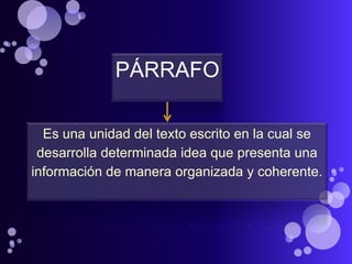PÁRRAFO

  Es una unidad del texto escrito en la cual se
 desarrolla determinada idea que presenta una
información de manera organizada y coherente.
 