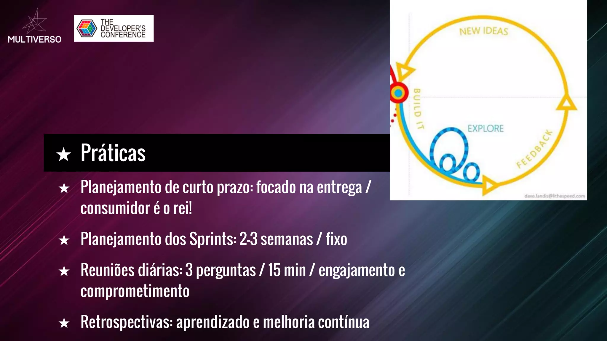 ★ Planejamento de curto prazo: focado na entrega /
consumidor é o rei!
★ Planejamento dos Sprints: 2-3 semanas / fixo
★ Reuniões diárias: 3 perguntas / 15 min / engajamento e
comprometimento
★ Retrospectivas: aprendizado e melhoria contínua
★ Práticas
