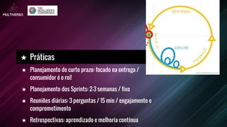 ★ Planejamento de curto prazo: focado na entrega /
consumidor é o rei!
★ Planejamento dos Sprints: 2-3 semanas / fixo
★ Reuniões diárias: 3 perguntas / 15 min / engajamento e
comprometimento
★ Retrospectivas: aprendizado e melhoria contínua
★ Práticas
 