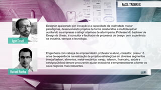 FACILITADORES
Designer apaixonado por inovação e a capacidade da criatividade mudar
paradigmas, desenvolvendo projetos de forma colaborativa e multidisciplinar
auxiliando as empresas a atingir objetivos de alto impacto. Professor do bacharel de
Design da Unesc, é consultor e facilitador de processos de design, com experiência
na industria, serviços e tecnologia.
Engenheiro com cabeça de empreendedor, professor e aluno, consultor, possui 15
anos de experiência na realização de projetos estratégicos em diversos segmentos
(moda/fashion, alimentos, metal-mecânica, varejo, telecom, financeiro, saúde e
serviço público) sempre procurando ajudar executivos e empreendedores a tornar os
seus negócios mais relevantes.
Igor Drudi
Rafael Rocha
 