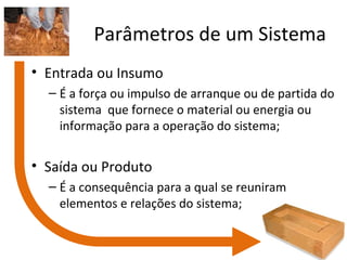 Parâmetros de um Sistema
• Entrada ou Insumo
  – É a força ou impulso de arranque ou de partida do
    sistema que fornece o material ou energia ou
    informação para a operação do sistema;


• Saída ou Produto
  – É a consequência para a qual se reuniram
    elementos e relações do sistema;
 