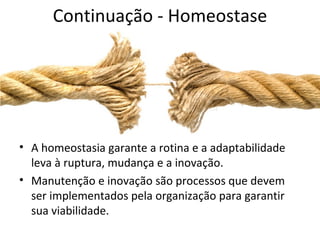 Continuação - Homeostase




• A homeostasia garante a rotina e a adaptabilidade
  leva à ruptura, mudança e a inovação.
• Manutenção e inovação são processos que devem
  ser implementados pela organização para garantir
  sua viabilidade.
 