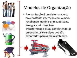 Modelos de Organização
• A organização é um sistema aberto
  em constante interação com o meio,
  recebendo matéria-prima, pessoas,
  energia e informação e
  transformando-as ou convertendo-as
  em produtos e serviços que são
  exportados para o meio ambiente.
 