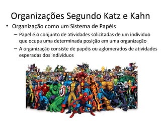 Organizações Segundo Katz e Kahn
• Organização como um Sistema de Papéis
  – Papel é o conjunto de atividades solicitadas de um individuo
    que ocupa uma determinada posição em uma organização
  – A organização consiste de papéis ou aglomerados de atividades
    esperadas dos indivíduos
 