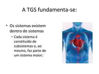 A TGS fundamenta-se:

• Os sistemas existem
  dentro de sistemas
  – Cada sistema é
    constituído de
    subsistemas e, ao
    mesmo, faz parte de
    um sistema maior;
 