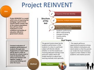 Project REINVENT
Project REINVENT is a model
which aims at improving the
pedagogy in government
schools (which contain 73%
of the student population)
that will have direct
implications on the
conditions and quality of
education offered in
government schools.
Aim
Constant evaluation of
academic performance of
students through tests
designed by an expert team
will be done in order to
identify the schools most in
need of attention after
which local teachers will
together engage in
community building and
solve the issues.
Method
Structure
of the
test
Frequency of the test: Monthly
Objective, multiple-choice questions.
Assessment of student may be done on
the following parameters:
• Academic performance
• Moral understanding
• Divergent thinking
• Creative ability
• Reasoning
Teachers Parents
Dual Targets
The general trends shown by the
academic performance of the
students in a class in a particular
subject will directly indicate
whether or not the students are
receiving adequate training in that
particular subject which will
enable teachers to adjust their
teaching methods most optimally.
. The reports will be an
opportunity for parents to know
their children’s inclinations and
talents better so that the parents
can render the much-necessary
support to their children in their
academic and creative pursuits.
 