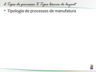 2 Tipos de processos X Tipos básicos de layout
 Tipologia de processos de manufatura
 