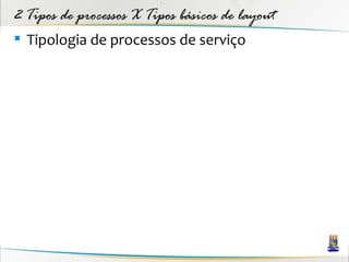 2 Tipos de processos X Tipos básicos de layout
 Tipologia de processos de serviço
 