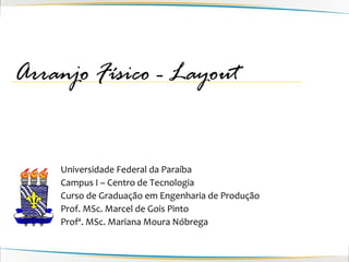 Arranjo Físico - Layout


    Universidade Federal da Paraíba
    Campus I – Centro de Tecnologia
    Curso de Graduação em Engenharia de Produção
    Prof. MSc. Marcel de Gois Pinto
    Profª. MSc. Mariana Moura Nóbrega
 