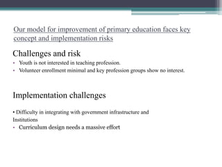 Our model for improvement of primary education faces key
concept and implementation risks
Challenges and risk
• Youth is not interested in teaching profession.
• Volunteer enrollment minimal and key profession groups show no interest.
Implementation challenges
• Difficulty in integrating with government infrastructure and
Institutions
• Curriculum design needs a massive effort
 