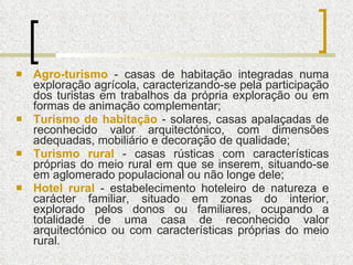 Agro-turismo   - casas de habitação integradas numa exploração agrícola, caracterizando-se pela participação dos turistas em trabalhos da própria exploração ou em formas de animação complementar; Turismo de habitação   - solares, casas apalaçadas de reconhecido valor arquitectónico, com dimensões adequadas, mobiliário e decoração de qualidade; Turismo rural   - casas rústicas com características próprias do meio rural em que se inserem, situando-se em aglomerado populacional ou não longe dele; Hotel rural   - estabelecimento hoteleiro de natureza e carácter familiar, situado em zonas do interior, explorado pelos donos ou familiares, ocupando a totalidade de uma casa de reconhecido valor arquitectónico ou com características próprias do meio rural. 