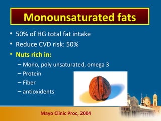 • 50% of HG total fat intake
• Reduce CVD risk: 50%
• Nuts rich in:
– Mono, poly unsaturated, omega 3
– Protein
– Fiber
– antioxidents
Mayo Clinic Proc, 2004
Monounsaturated fats
 