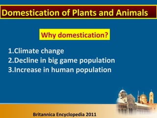 Why domestication?
1.Climate change
2.Decline in big game population
3.Increase in human population
Britannica Encyclopedia 2011
Domestication of Plants and Animals
 