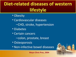 • Obesity
• Cardiovascular diseases
–CHD, stroke, hypertension
• Diabetes
• Certain cancers
–colon, prostate, breast
• Osteoporosis
• Non-infective bowel diseases
Mayo Clinic Proc, 2004
Diet-related diseases of western
lifestyle
 