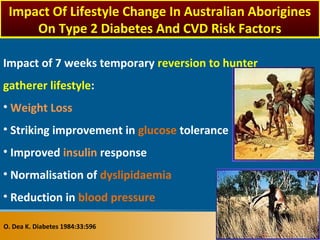 Impact of 7 weeks temporary reversion to hunter
gatherer lifestyle:
• Weight Loss
• Striking improvement in glucose tolerance
• Improved insulin response
• Normalisation of dyslipidaemia
• Reduction in blood pressure
O. Dea K. Diabetes 1984:33:596
Impact Of Lifestyle Change In Australian Aborigines
On Type 2 Diabetes And CVD Risk Factors
 