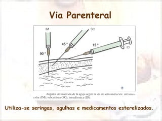 Via Parenteral 
Utiliza-se seringas, agulhas e medicamentos esterelizados. 
 