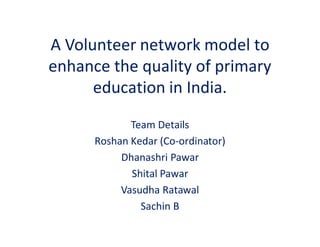 A Volunteer network model to
enhance the quality of primary
education in India.
Team Details
Roshan Kedar (Co-ordinator)
Dhanashri Pawar
Shital Pawar
Vasudha Ratawal
Sachin B
 