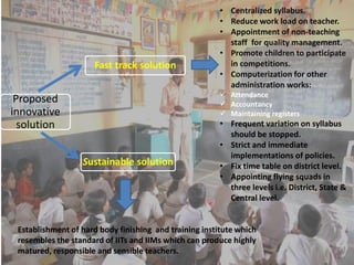Proposed
innovative
solution
Fast track solution
Sustainable solution
• Centralized syllabus.
• Reduce work load on teacher.
• Appointment of non-teaching
staff for quality management.
• Promote children to participate
in competitions.
• Computerization for other
administration works:
 Attendance
 Accountancy
 Maintaining registers
• Frequent variation on syllabus
should be stopped.
• Strict and immediate
implementations of policies.
• Fix time table on district level.
• Appointing flying squads in
three levels i.e. District, State &
Central level.
Establishment of hard body finishing and training institute which
resembles the standard of IITs and IIMs which can produce highly
matured, responsible and sensible teachers.
 
