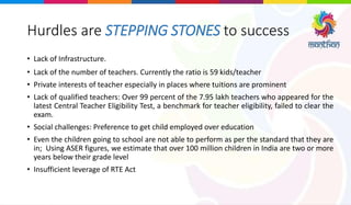 Hurdles are STEPPING STONES to success
• Lack of Infrastructure.
• Lack of the number of teachers. Currently the ratio is 59 kids/teacher
• Private interests of teacher especially in places where tuitions are prominent
• Lack of qualified teachers: Over 99 percent of the 7.95 lakh teachers who appeared for the
latest Central Teacher Eligibility Test, a benchmark for teacher eligibility, failed to clear the
exam.
• Social challenges: Preference to get child employed over education
• Even the children going to school are not able to perform as per the standard that they are
in; Using ASER figures, we estimate that over 100 million children in India are two or more
years below their grade level
• Insufficient leverage of RTE Act
 