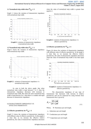ISSN: 2277 – 9043
                         International Journal of Advanced Research in Computer Science and Electronics Engineering (IJARCSEE)
                                                                                                  Volume 1, Issue 6, August 2012

1.1 Normalized strip width when 𝒘 𝒉 ≤ 𝟏                                                                       when the value of normalized strip width is greater than
                                                                                                              equal to 1.
Graph 1.1 shows the variation of characteristic impedance                                                                                  Microstrip characteristic impedance
with normalized strip width.                                                                                                 70
                                                                                                                             65
                               microstrip characteristic impedance, W/h<=1
              900                                                                                                            60
                                                                                                                             55
              800




                                                                                                                  Zo(ohms)
                                                                                                                             50
              700
                                                                                                                             45
              600                                                                                                            40
   Zo(ohms)




              500                                                                                                            35
                                                                                                                             30
              400
                                                                                                                             25
              300
                                                                                                                             20           3.5    3.6     3.7    3.8                    4.1   4.2
                                                                                                                                   3.4                                 3.9       4
              200                                                                                                                                𝜖 𝑓𝑓 (𝑒𝑓𝑓𝑒𝑐𝑡𝑖𝑣𝑒 𝑝𝑒𝑟𝑚𝑖𝑡𝑡𝑖𝑣𝑖𝑡𝑦)
              100
                    0   0.1   0.2       0.3         0.4     0.5     0.6   0.7       0.8         0.9       1
                                                          W/h ratio                                           Graph2.1: variation of characteristic impedance v/s
               Graph1.1. variation of characteristic impedance                                                           effective permittivity
                         v/snormalized strip width
                                                                                                              2.2 Effective permittivity for 𝒘 𝒉 ≤ 𝟏
1.2 Normalized strip width when 𝒘 𝒉 ≥ 𝟏
Grap1.2 shows the variation of characteristic impedance                                                       Figure 4.4 shows the variation of characteristic impedance
with normalized strip width.                                                                                  with different value of effective permittivity. In the graph it
        .                                                                                                     is clear that, as we increase the effective relative
                              microstrip characteristic impedance, W/h=>1
                                                                                                              permittivity, the value of characteristic impedance decreases
              70                                                                                              when the value of normalized strip width is less than equal
              65                                                                                              to 1.
              60
                                                                                                                                                 microstrip characteristic impedance
              55                                                                                                             180
              50
   Zo(ohms)




                                                                                                                             160
              45

              40                                                                                                             140
              35
                                                                                                              Zo(ohms)




                                                                                                                             120
              30

              25                                                                                                             100
              20
                   1    1.5         2         2.5        3          3.5         4         4.5         5
                                                      W/h ratio                                                              80

                                                                                                                             60                                 3.3   3.35   3.4       3.45 3.5
Graph1.2. variation of characteristic impedance v/s                                                                                 3.1   3.15    3.2   3.25
          normalized strip width

                                                                                                                             Graph2.2: variation of characteristic impedance v/s
         As seen in both the above graph, that when                                                                                     effective permittivity
normalized strip width is kept between 1 to 5, then the
characteristic impedance decreases with increases in                                                                   The characteristic impedance of any type of
normalized strip width. But when the same normalized strip                                                    transmission line decreases with increase in relative
width is kept between 0 to 1 then there is a sudden and rapid                                                 permittivity and can be expressed by using formula from
decrease in characteristic impedance                                                                          transmission line is given by

                                                                                                                                     R  jL
                                                                                                              Z0 
b.)CHARACTERISTIC IMPEDANCE V/S                                                                                                      G  jC                                                       (11)
   EFFECTIVE PERMITIVITY
                                                                                                              Where,                     R= Resistance per unit length,
2.1 Effective permittivity for 𝒘 𝒉 ≥ 𝟏                                                                          L  Inductance per unit length

Graph 2.1 shows the variation of characteristic impedance                                                      G  Conductance per unit length
with different value of effective permittivity. In this graph it
is clear that, as we increase the effective relative                                                              C  Capacitance per unit length
permittivity, the value of characteristic impedance decreases
                                                                                                                                                                                                     132
                                                                                           All Rights Reserved © 2012 IJARCSEE
 