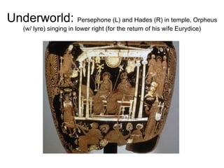 Underworld:  Persephone (L) and Hades (R) in temple, Orpheus (w/ lyre) singing in lower right (for the return of his wife Eurydice) 