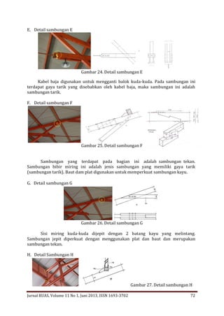 E. Detail sambungan E

Gambar 24. Detail sambungan E
Kabel baja digunakan untuk mengganti balok kuda-kuda. Pada sambungan ini
terdapat gaya tarik yang disebabkan oleh kabel baja, maka sambungan ini adalah
sambungan tarik.
F. Detail sambungan F

Gambar 25. Detail sambungan F
Sambungan yang terdapat pada bagian ini adalah sambungan tekan.
Sambungan bibir miring ini adalah jenis sambungan yang memiliki gaya tarik
(sambungan tarik). Baut dam plat digunakan untuk memperkuat sambungan kayu.
G. Detail sambungan G

Gambar 26. Detail sambungan G
Sisi miring kuda-kuda dijepit dengan 2 batang kayu yang melintang.
Sambungan jepit diperkuat dengan menggunakan plat dan baut dan merupakan
sambungan tekan.
H. Detail Sambungan H

Gambar 27. Detail sambungan H
Jurnal RUAS, Volume 11 No 1, Juni 2013, ISSN 1693-3702

72

 
