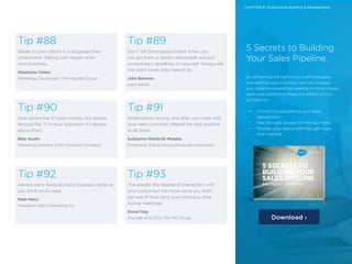 25 /25 /
Tip #88
Speak to your clients in a language they
understand. Talking over heads never
wins business.
Stephanie Onken
Marketing Coordinator, The Hayzlett Group
Tip #90
Give advice like it’s your money, but always
remove the “I” in your approach; it’s always
about them.
Blair Austin
Marketing Director, ILMO Products Company
Tip #92
Always carry twice as many business cards as
you think you’ll need.
Matt Heinz
President, Heinz Marketing Inc.
Tip #89
Don’t tell the prospect/client when you
will get them a certain deliverable and put
unnecessary deadlines on yourself. Always ask
the client when they need it by.
John Barrows
sales trainer
Tip #91
Smile before, during, and after you meet with
your next customer. Helped me stay positive
at all times.
Guillaume Maichrzik Muteba
Freelancer, Events and audiovisuals consultant
Tip #93
The greater the degree of interaction with
your customers the more value you both
get out of their (and your) precious time
during meetings.
Donal Daly
Founder and CEO, The TAS Group
5 Secrets to Building
Your Sales Pipeline.
By combining the right tools, methodologies,
and staffing best practices, you can increase
your pipeline severalfold, leading to more closed
deals and customers. Read this eBook to find
out how to:
•	 Commit to specializing your sales
department
•	 Hire the right people for the right roles
•	 Provide your teams with the right tools
and methods
Download ›
CHAPTER 8: Relationship Building & Management
 