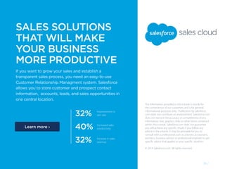 SALES SOLUTIONS
THAT WILL MAKE
YOUR BUSINESS
MORE PRODUCTIVE
If you want to grow your sales and establish a
transparent sales process, you need an easy-to-use
Customer Relationship Managment system. Salesforce
allows you to store customer and prospect contact
information, accounts, leads, and sales opportunities in
one central location.
32%
40%
32%
The information provided in this e-book is strictly for
the convenience of our customers and is for general
informational purposes only. Publication by salesforce.
com does not constitute an endorsement. Salesforce.com
does not warrant the accuracy or completeness of any
information, text, graphics, links or other items contained
within this e-book. Salesforce.com does not guarantee
you will achieve any specific results if you follow any
advice in the e-book. It may be advisable for you to
consult with a professional such as a lawyer, accountant,
architect, business advisor or professional engineer to get
specific advice that applies to your specific situation.
© 2014 Salesforce.com. All rights reserved.
Improvement in
win rate.
Increased sales
productivity.
Increase in sales
revenue.
35 /
Learn more ›
 