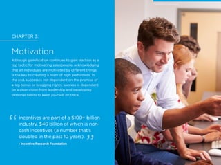 CHAPTER 3:
Motivation
Although gamification continues to gain traction as a
top tactic for motivating salespeople, acknowledging
that all individuals are motivated by different things
is the key to creating a team of high performers. In
the end, success is not dependent on the promise of
a big bonus or bragging rights; success is dependent
on a clear vision from leadership and developing
personal habits to keep yourself on track.
Incentives are part of a $100+ billion
industry, $46 billion of which is non-
cash incentives (a number that’s
doubled in the past 10 years).
- Incentive Research Foundation
CHAPTER 3: Motivation
 