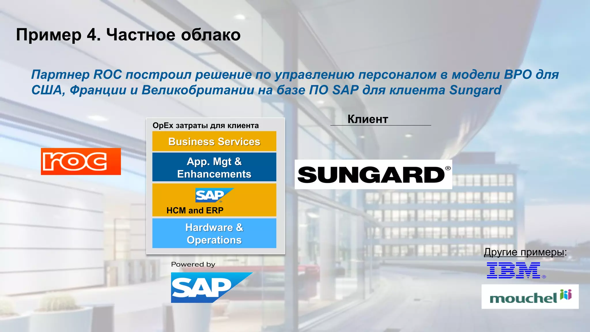 © 2013 SAP AG. All rights reserved. 22Public
App. Mgt &
Enhancements
Hardware &
Operations
Business Services
OpEx затраты для клиента
Пример 4. Частное облако
HCM and ERP
Клиент
Партнер ROC построил решение по управлению персоналом в модели BPO для
США, Франции и Великобритании на базе ПО SAP для клиента Sungard
Другие примеры:
 