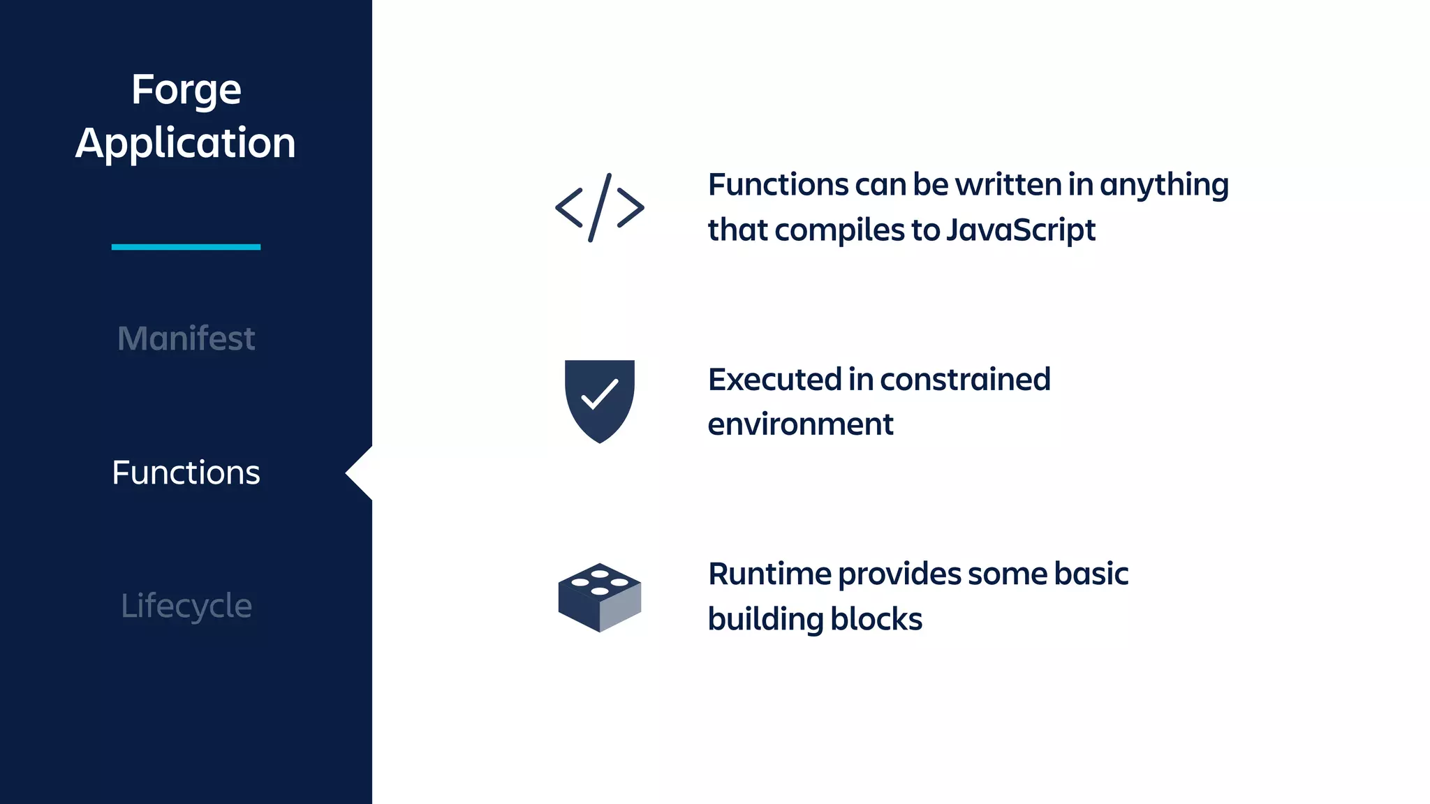 Forge
Application
Manifest
Functions
Lifecycle
Functions can be written in anything
that compiles to JavaScript
Executed in constrained
environment
Runtime provides some basic
building blocks
 