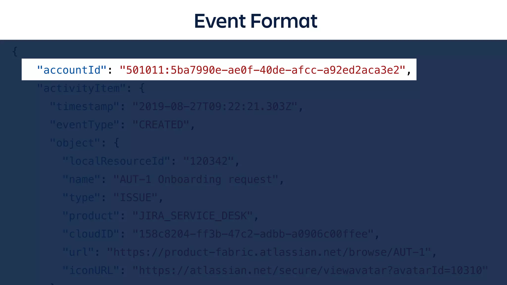 {
"accountId": "501011:5ba7990e-ae0f-40de-afcc-a92ed2aca3e2",
"activityItem": {
"timestamp": "2019-08-27T09:22:21.303Z",
"eventType": "CREATED",
"object": {
"localResourceId": "120342",
"name": "AUT-1 Onboarding request",
"type": "ISSUE",
"product": "JIRA_SERVICE_DESK",
"cloudID": "158c8204-ff3b-47c2-adbb-a0906c00ffee",
"url": "https://product-fabric.atlassian.net/browse/AUT-1",
"iconURL": "https://atlassian.net/secure/viewavatar?avatarId=10310"
Event Format
 